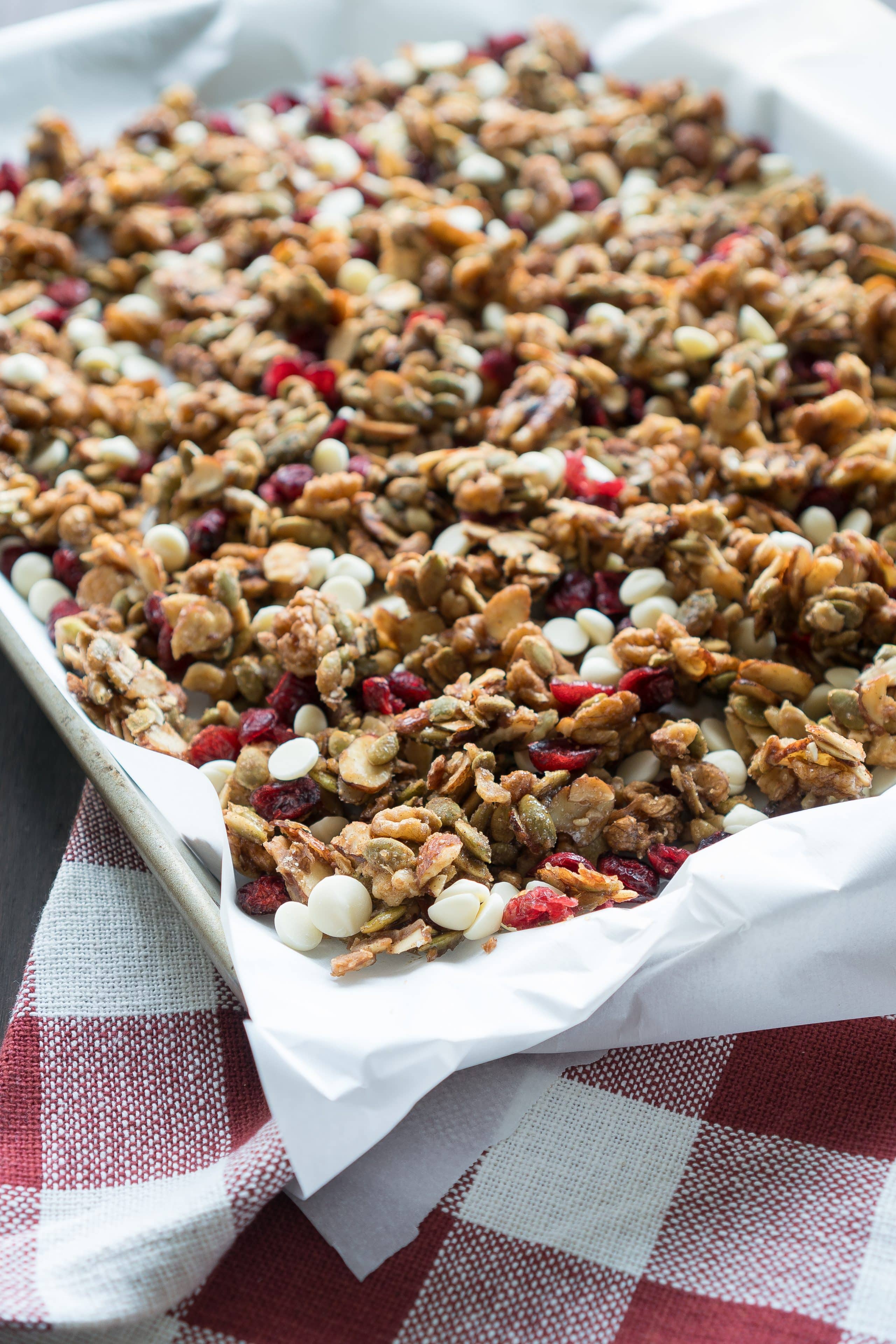 Cranberry Maple Trail Mix – Easy recipe for cinnamon-spiced Cranberry Maple Trail Mix! Walnuts, pumpkin seeds, & almonds are lightly glazed in maple syrup & brown sugar. With lots of tart dried cranberries & white chocolate chips folded in. We love this as a sweet snack on-the-go or homemade holiday gift! ♥ | freeyourfork.com