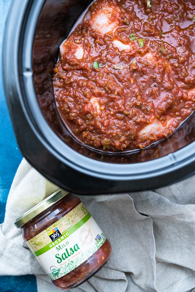 Crockpot Salsa Chciken – Healthy + meal-prep friendly recipe for Crockpot Salsa Chicken! This 2-ingredient shredded chicken is perfect for using in enchiladas, tacos, burrito bowls, soups, casseroles, and more! ♥ | freeyourfork.com