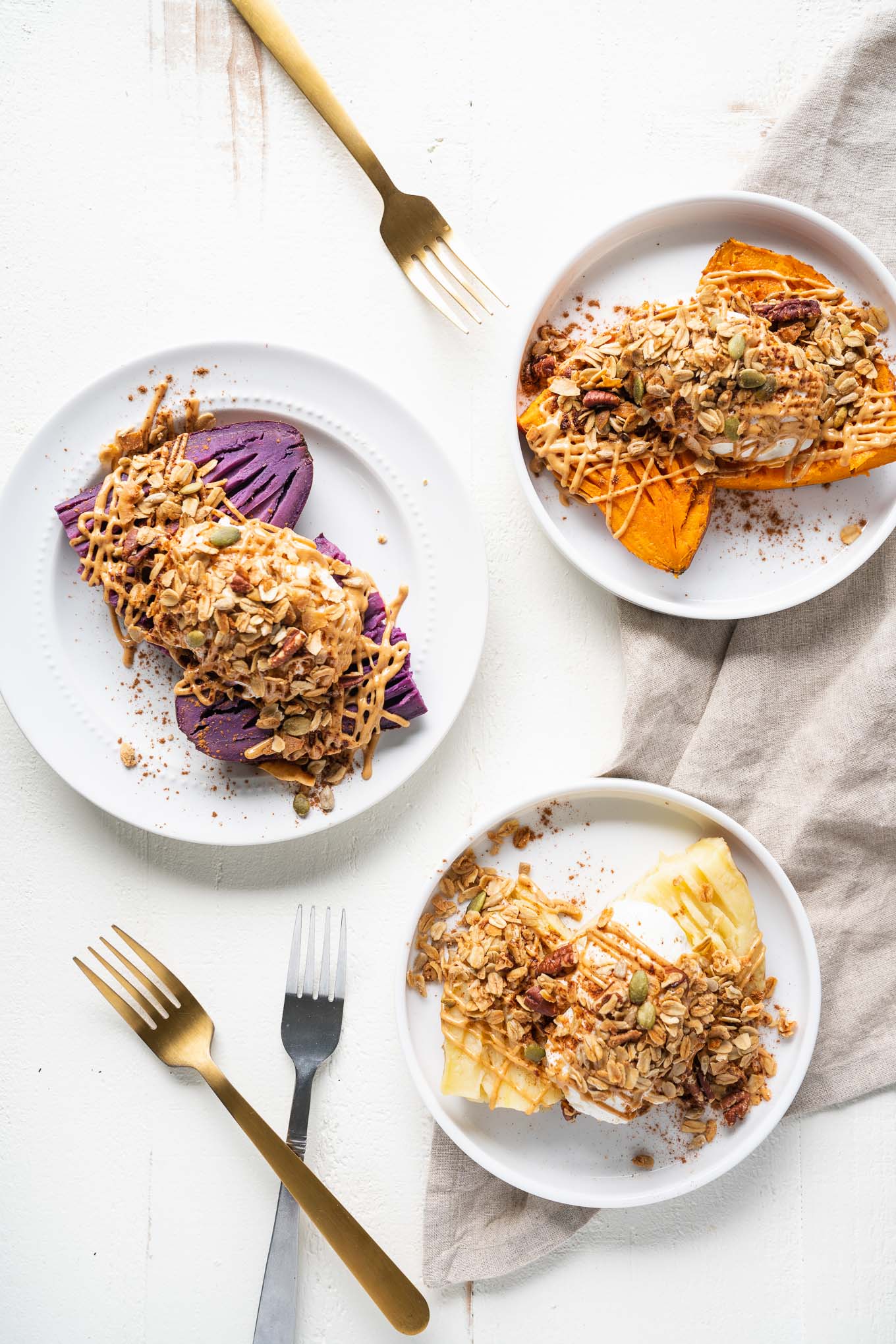 Dessert Stuffed Sweet Potatoes Three Plates with Forks