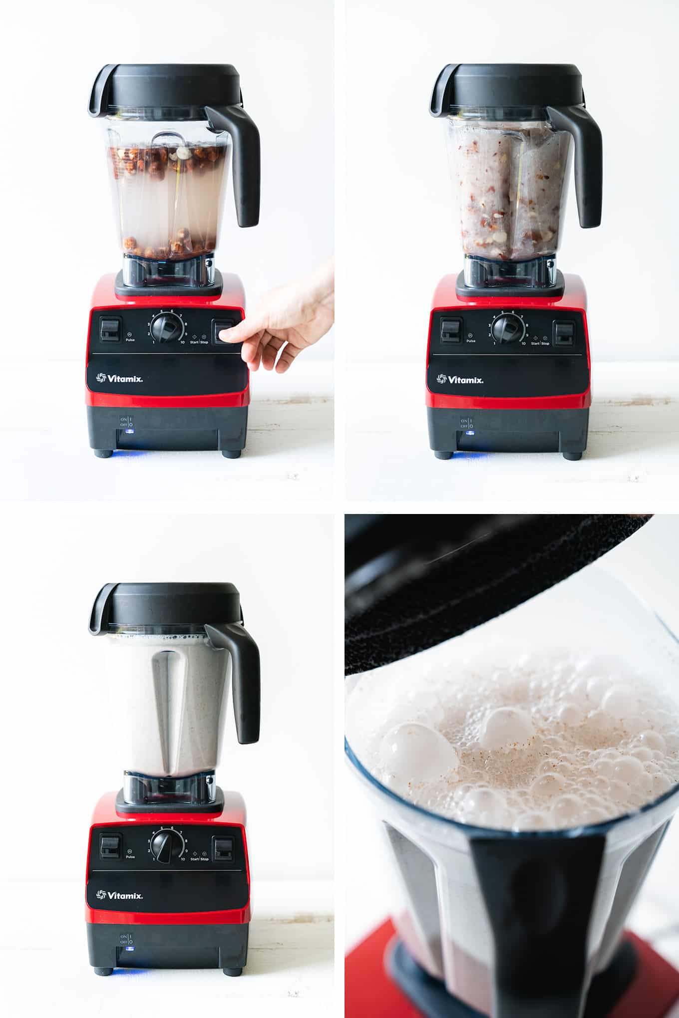 Four stages of blending nut milk, three blender images and one open blender image