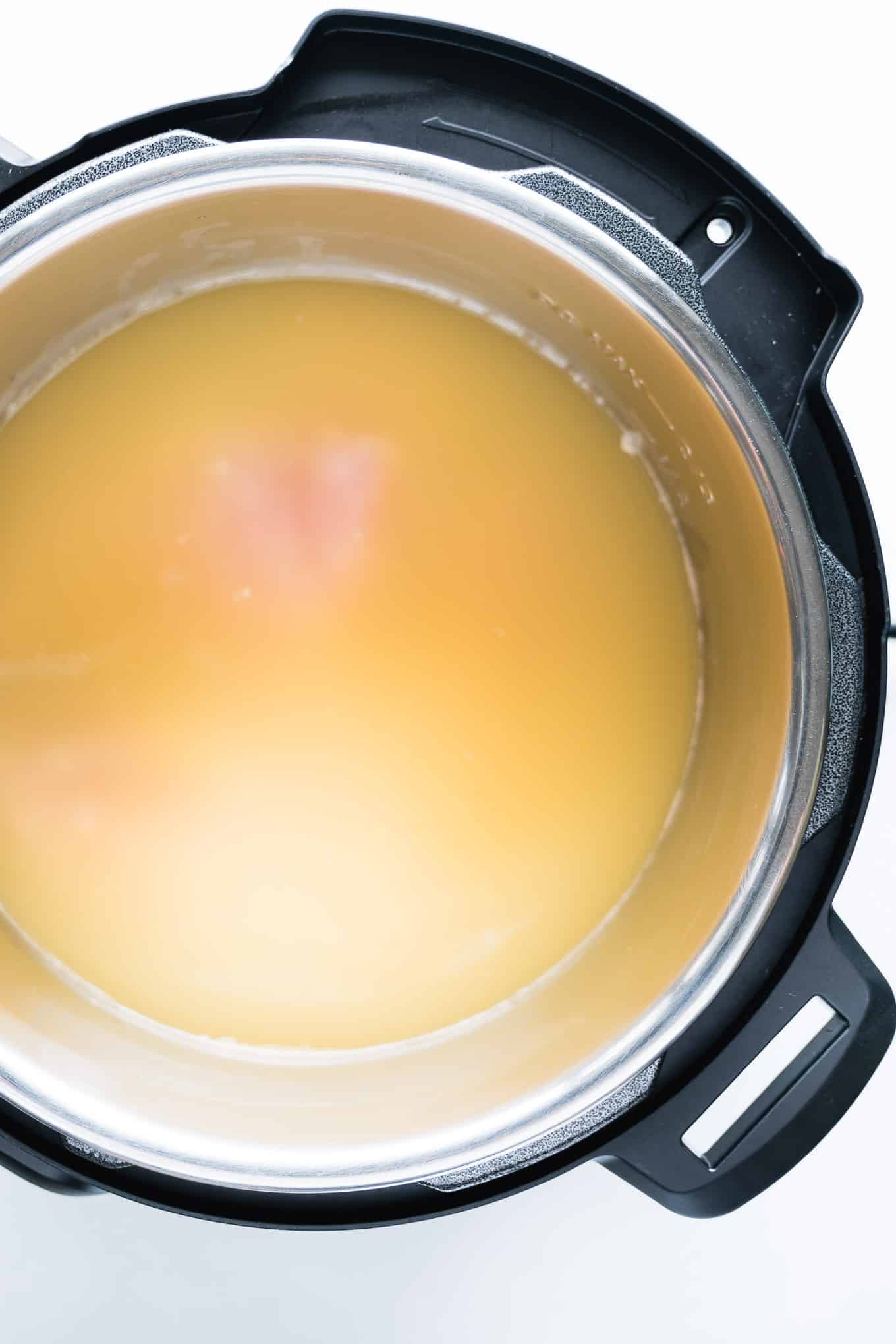 Instant Pot filled with chicken broth and chicken