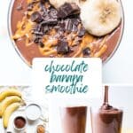 Three image collage of a chocolate banana smoothie with blue text in the center.