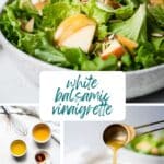Collage of three images of a white balsamic vinaigrette with blue text in the center.